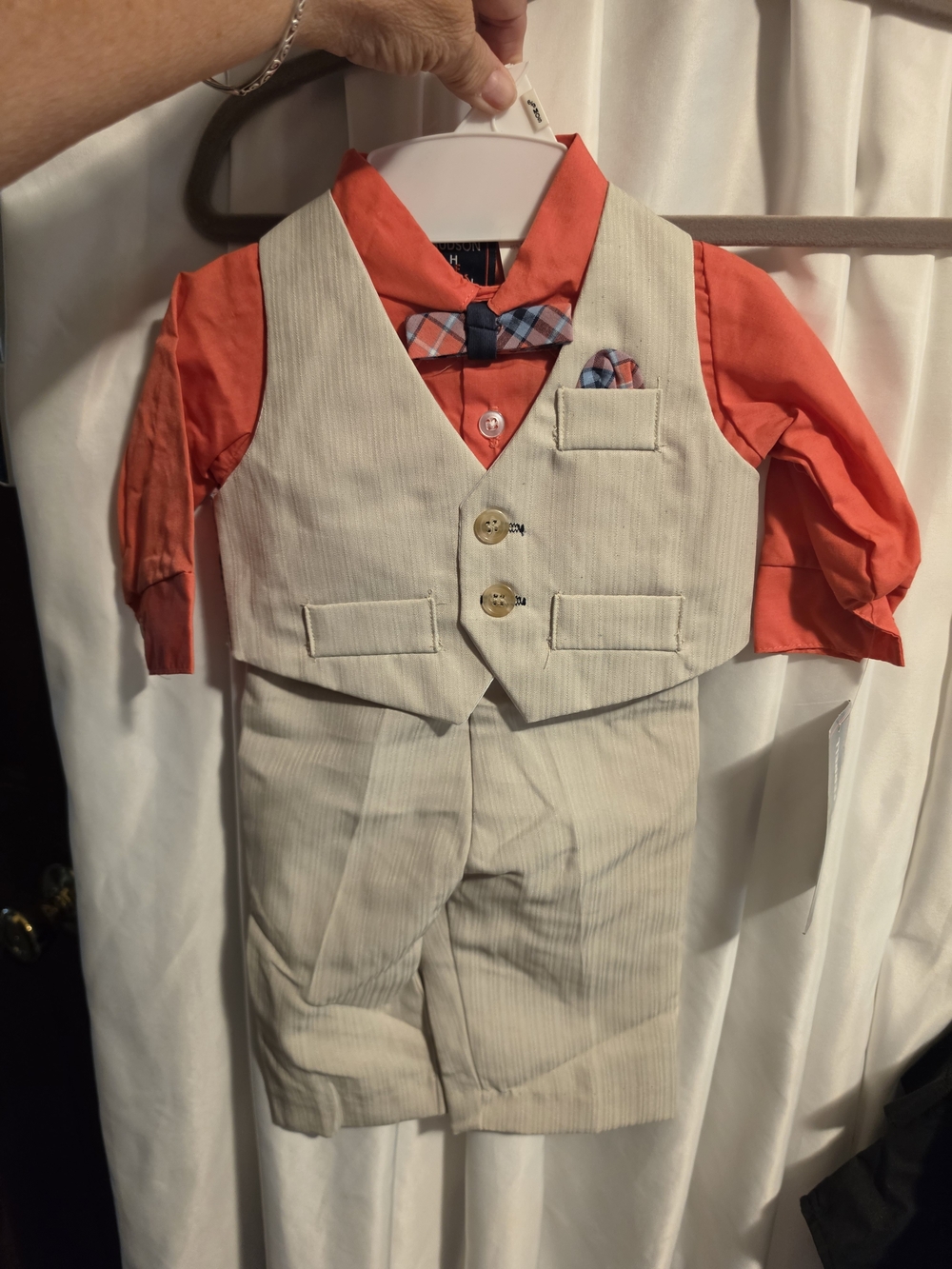 Kids Formal Vest & Pants Set with Coral Shirt and Plaid Bow Tie Sz. 6/9 M